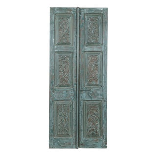 Antique Blue Floral Carved Wood Barn Door in Reclaimed Wood | Statement Door 80x32 For Sale