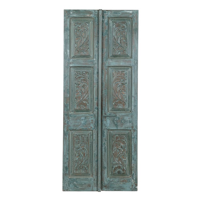 Antique Blue Floral Hand-Carved Barn Door in Reclaimed Wood | Sliding Statement Door 80x32 For Sale