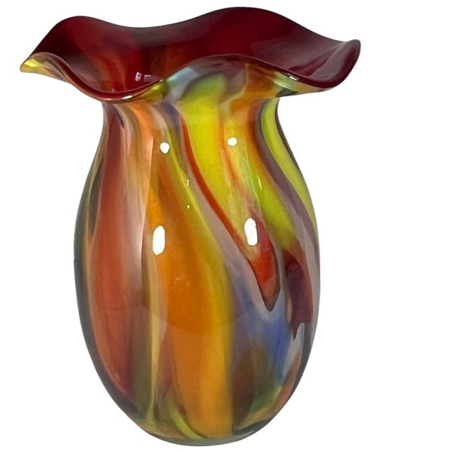 Mid-Century Modern Bulbous Orange Marbled Flared Lip Art Glass Vase For Sale - Image 3 of 16