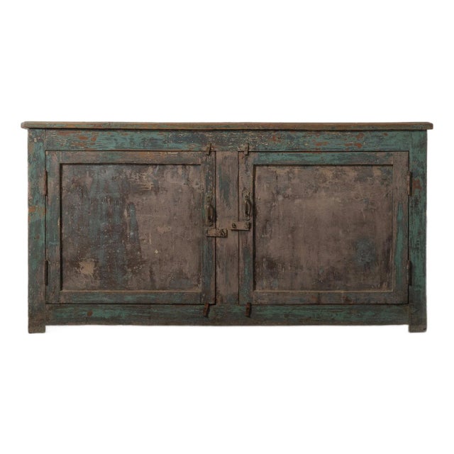 Distressed Turquoise Sideboard With Interior Shelving For Sale