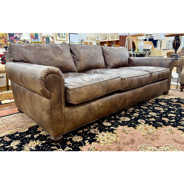 Traditional Restoration Hardware Lancaster Classic Brown Leather Luxe Depth Sofa For Sale - Image 3 of 8