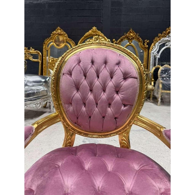 Baroque Pink Velvet Chair With Gold Leaf Details For Sale - Image 4 of 5