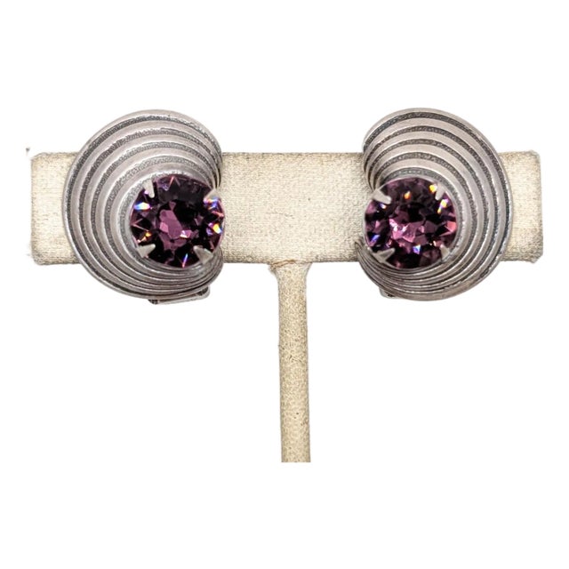 Vintage 1950s Signed Napier Modernist Silvertone Faux-Amethyst Clip Earrings-2 Pieces For Sale