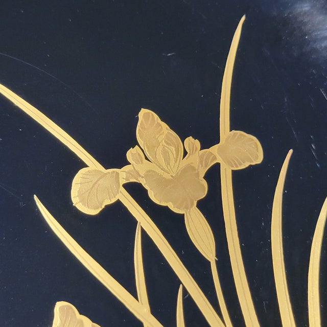 Set of Six Vintage Black Maki-E Lacquer Art Kyoto Japan Decorative Plates Hand Painted Gold Botanical Floral Patterns For Sale - Image 16 of 18