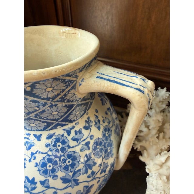 Antique W. Ridgway Blue White Transferware Pitcher, English Ironstone Water Jug, Victorian Floral Chinoiserie, Registered Design For Sale In Chicago - Image 6 of 12