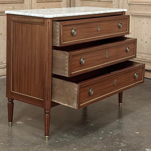 Antique French Louis XVI Mahogany Commode With Carrara Marble For Sale - Image 12 of 16