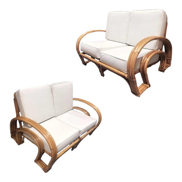 Restored Mid-Century Rattan Double Horseshoe Settee Sofa, Pair For Sale