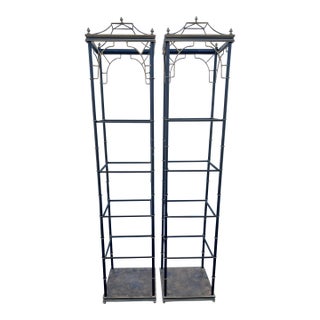 Pair of Hollywood Regency Black & Brass Pagoda Étagères by Art & Commerce Dallas a Pair For Sale