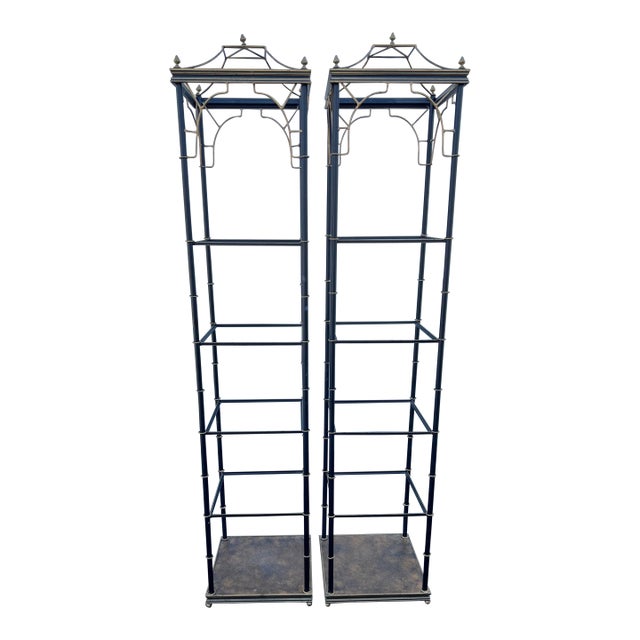 Pair of Hollywood Regency Black & Brass Pagoda Étagères by Art & Commerce Dallas a Pair For Sale