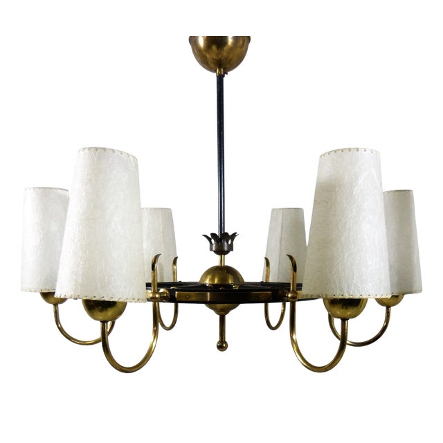 Finnish Brass Chandelier with Polyester Shades and Glass Diffusers, 1950s For Sale