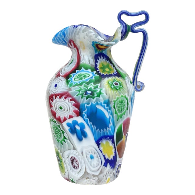 Fratelli Toso Murano Antique Early Millefiori Flowers Mosaic Italian Art Glass Ornate Handle Cabinet Vase For Sale