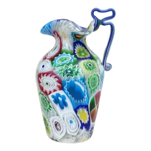 Fratelli Toso Murano Antique Early Millefiori Flowers Mosaic Italian Art Glass Ornate Handle Cabinet Vase