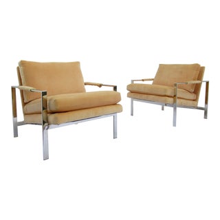 C.1970s Mid-Century Milo Baughman for Thayer Coggin Flat Bar Chrome Lounge Chairs -A Pair For Sale