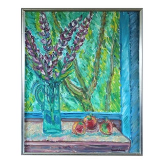 Mid-Century Modern 'Lavender & Fruit' Original Swedish Expressive Interior Still Life Oil Painting, Framed For Sale