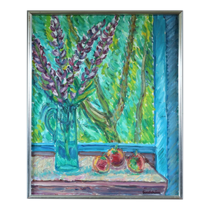 Mid-Century Modern 'Lavender & Fruit' Original Swedish Expressive Interior Still Life Oil Painting, Framed