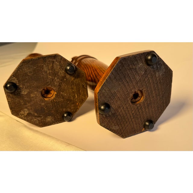 A Pair of English Traditional Empire Solid Oak Wood Candlesticks For Sale - Image 11 of 12