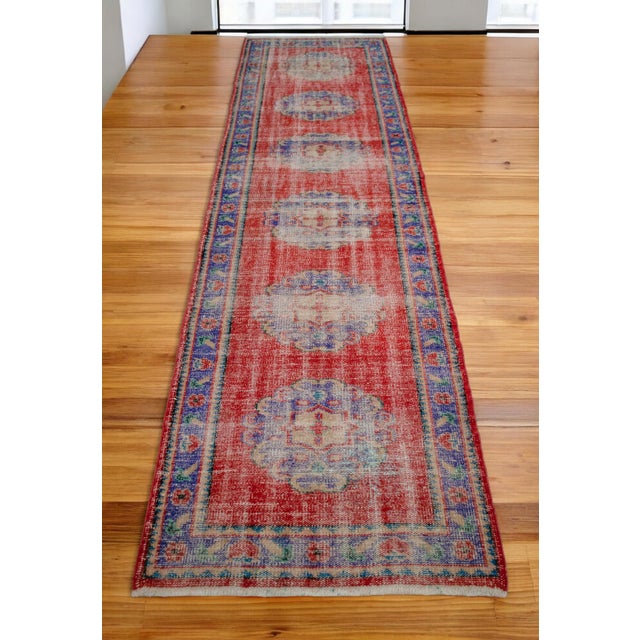 Tribal Distressed Oushak Runner Rug - Faded Colors Hallway 3' X 10'6″ For Sale - Image 3 of 15