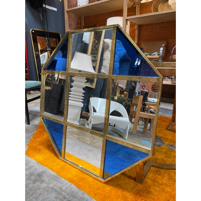 Mid Century Modern Octagonal Oversize Wall Mirror Italy 1970 Stunning Wall octagonal mirror with brass and blue picture...