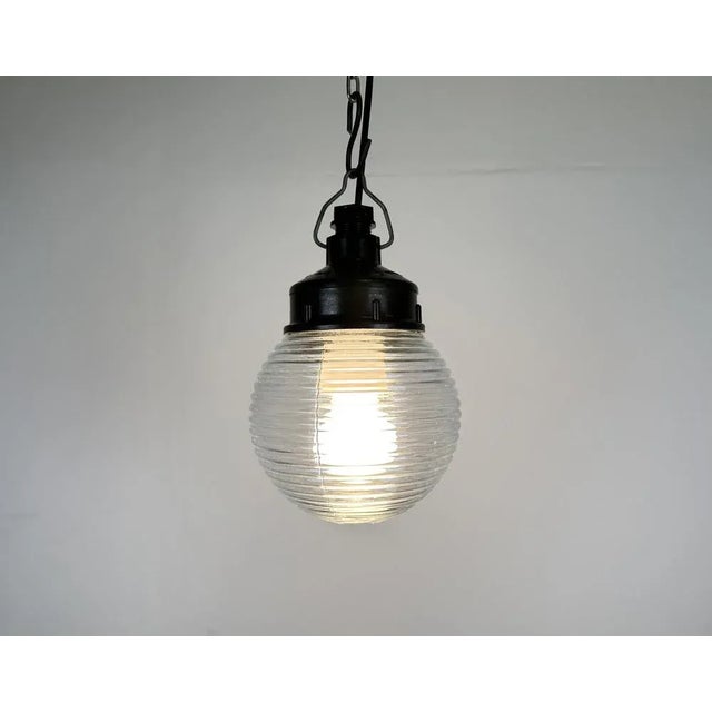 Glass Industrial Bakelite Pendant Light with Ribbed Glass, 1970s For Sale - Image 7 of 12