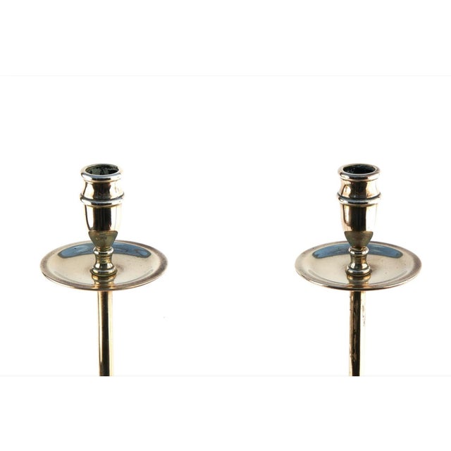 Pair of tall late 19th Century antique brass candlesticks, good quality sticks with drip trays, slender stems raised on a...