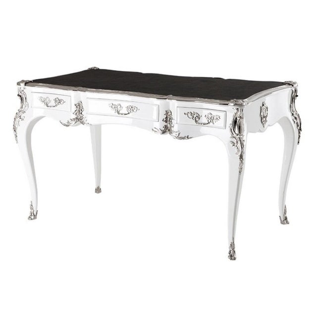 Very beautiful and large Baroque Louis XV style desk with bronze foliage decoration, with its superb writing pad in black...