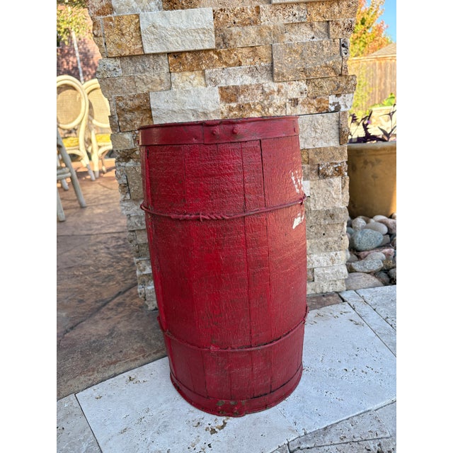 Antique Nail Keg Cask Barrel Painted Red With Twisted Metal Wire Bands For Sale In Dallas - Image 6 of 12