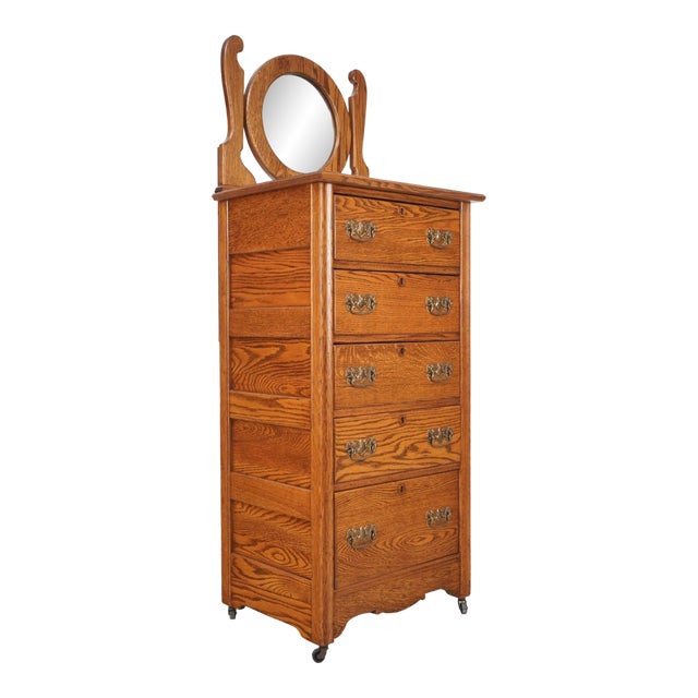 Mid 20th Century Eastlake Quarter Sawn Oak Tall Dresser With Beveled Mirror For Sale
