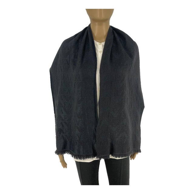 Emporio Armani Black Printed 80% Wool 20% Silk Scarf For Sale