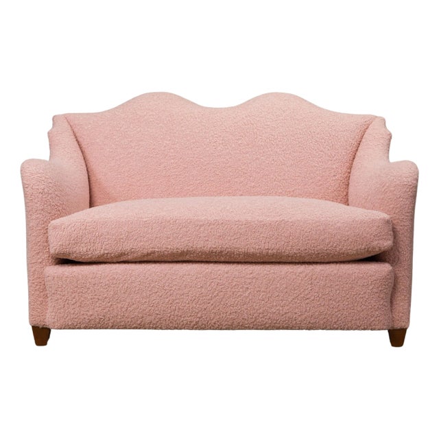 Important Maison Jansen Loveseat Reupholstered in Pink Bouclé, c. 1930s, Signed For Sale