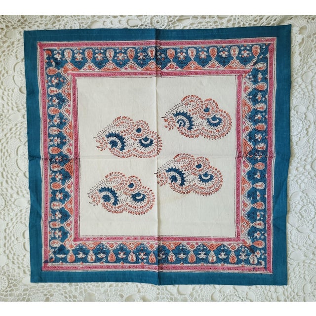 Indian block print cloth napkins, printed in a lovely pink & turquoise paisley pattern. Measuring 16" square, these are...