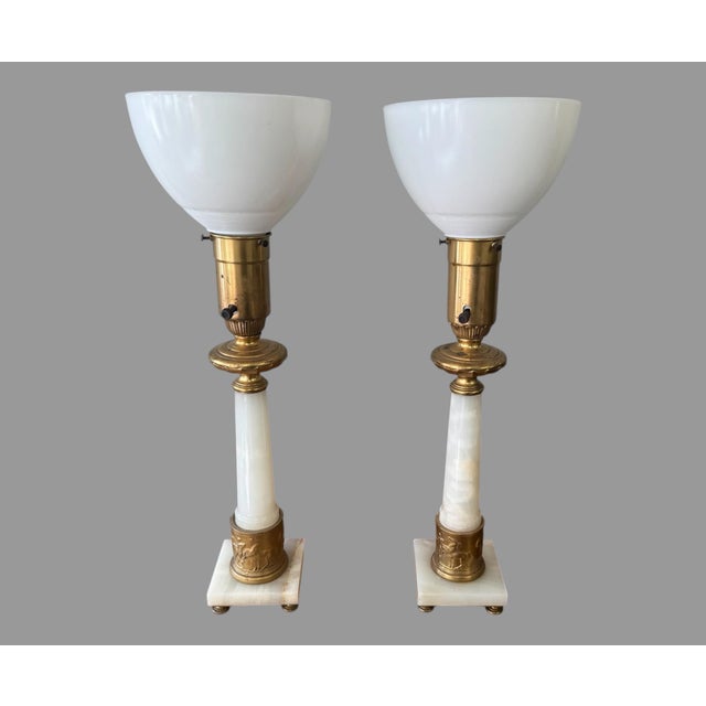 Vintage Alabaster & Bronze Table Lamps Neoclassical Marble Column Matching - a Pair For Sale - Image 4 of 9