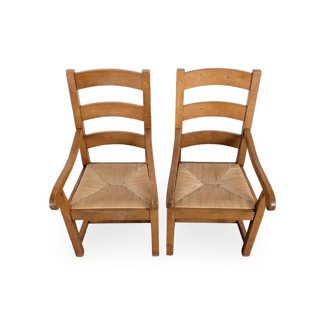 Mid-Century Modern Vintage Armchairs in Oak with Rush Weave, Set of 2 For Sale - Image 3 of 10
