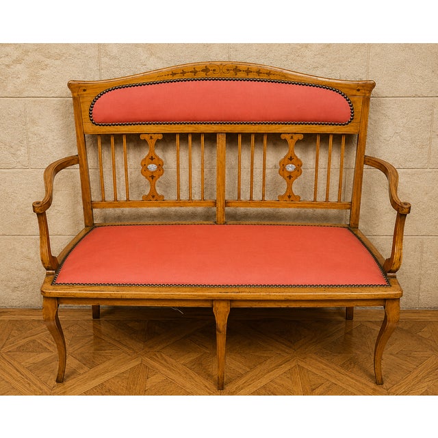 Art Nouveau Bench in Marquetry Fruitwood, 1890s For Sale - Image 5 of 6
