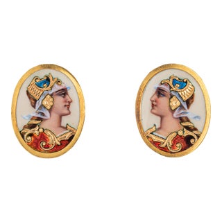 Antique Victorian Enamel Earrings Portrait of a Woman 18k Yellow Gold Jewelry, A Pair For Sale