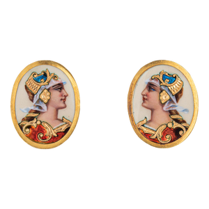 Antique Victorian Enamel Earrings Portrait of a Woman 18k Yellow Gold Jewelry, A Pair