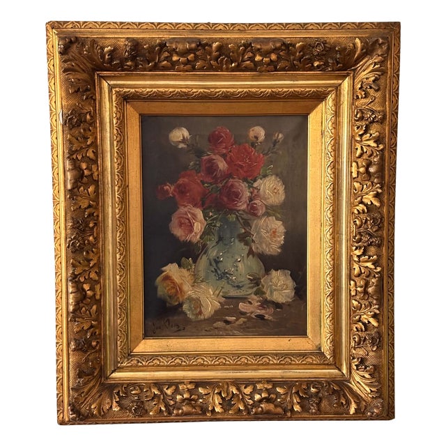 Jos Klaas / Henry Schouten, Floral Still Life with Roses in Vase, 1890s, Oil on Canvas, Framed For Sale