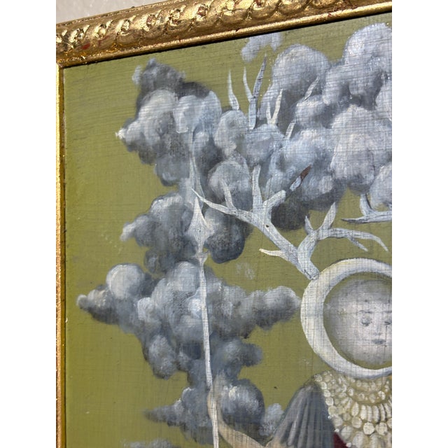 Green Gustavian Style Allegorical Oil in Wood Painting of “The Lady Moon” With Gilt Border For Sale - Image 8 of 11