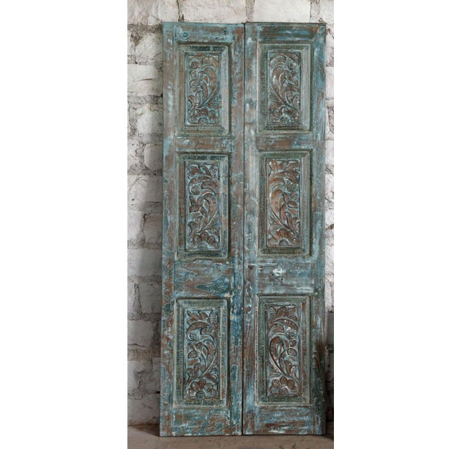 Antique Blue Floral Hand-Carved Barn Door in Reclaimed Wood | Sliding Statement Door 80x32 For Sale - Image 4 of 5