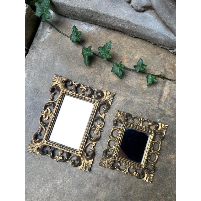 Pair of Vintage Italian Gold Rococo Wall Mirrors – Ornate Molded Frames- Made in Italy For Sale - Image 4 of 9