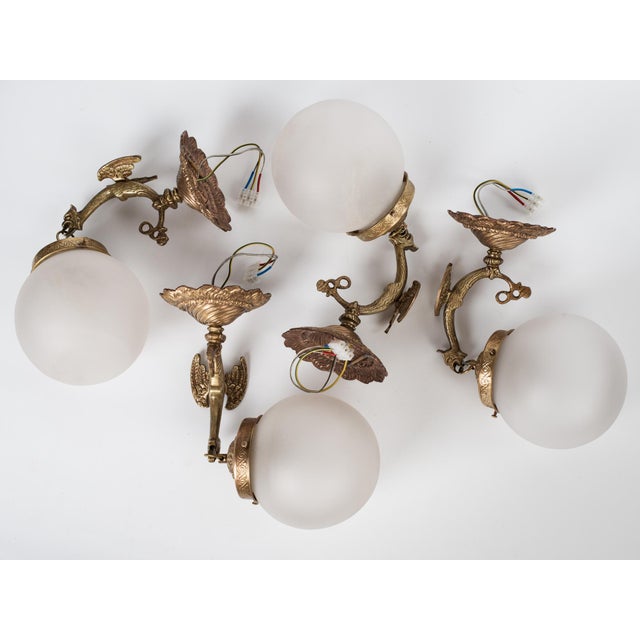 1950s Spanish Empire Cast Brass Dragon Sconces With Scavo Glass Globes - A Set of 4 For Sale - Image 4 of 11