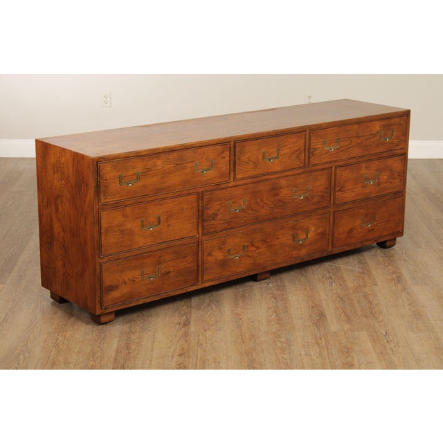 High Quality American Made Brass Bound Oak Distressed Finish, Long Dresser with Nine Dovetailed Drawers