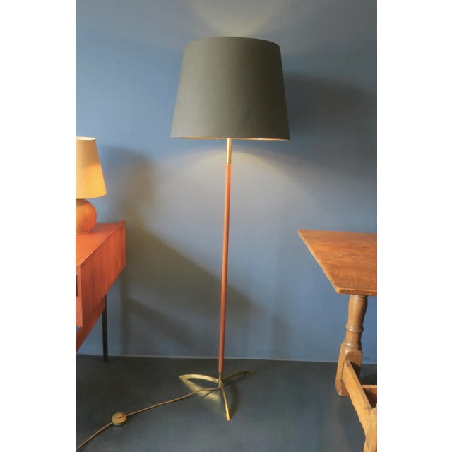 Metal Danish Teak Floor Lamp with Brass Tripod Foot, 1960s For Sale - Image 7 of 9