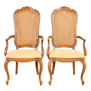 Thomasville French Provincial Louis XV Carved Walnut and Cane Back Armchairs, Pair For Sale