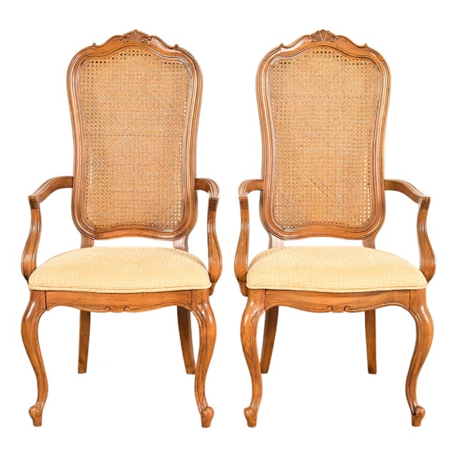 Thomasville French Provincial Louis XV Carved Walnut and Cane Back Armchairs, Pair For Sale