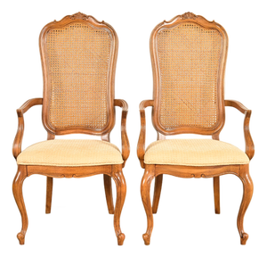 Thomasville French Provincial Louis XV Carved Walnut and Cane Back Armchairs, Pair