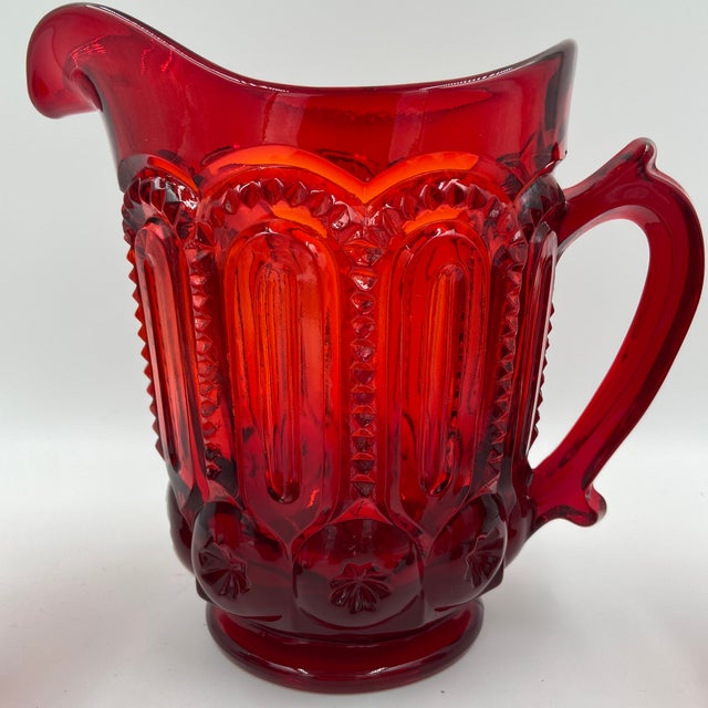 Vintage l.e. Smith Moon & Stars Ruby Red Glass Pitcher & 8 Small Goblets For Sale - Image 9 of 12