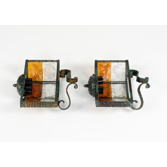 Mid-Century Sconces in Iron and Hammered Glass attributed to Longobard, Italy, 1970s, Set of 2 For Sale - Image 13 of 15