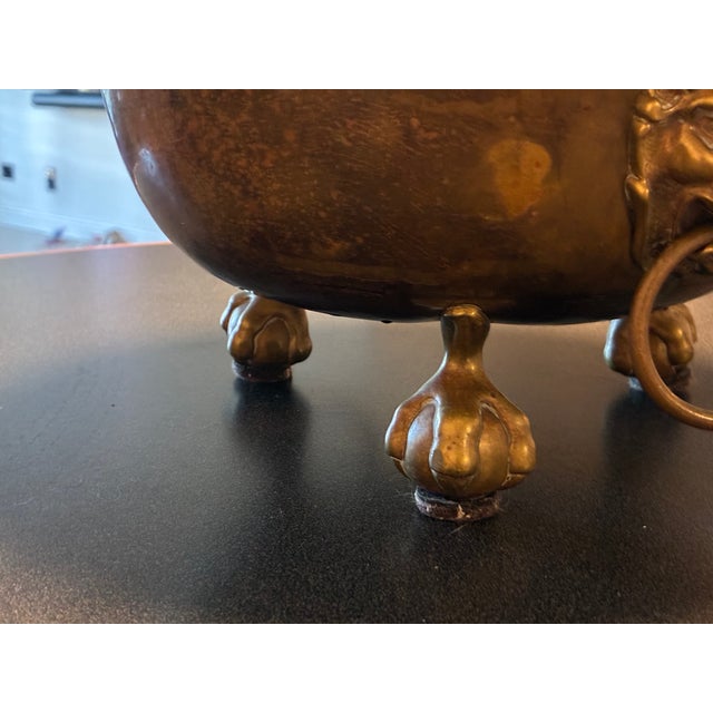 Antique Footed Brass Jardiniere With Lions Masks and Handles For Sale - Image 4 of 7