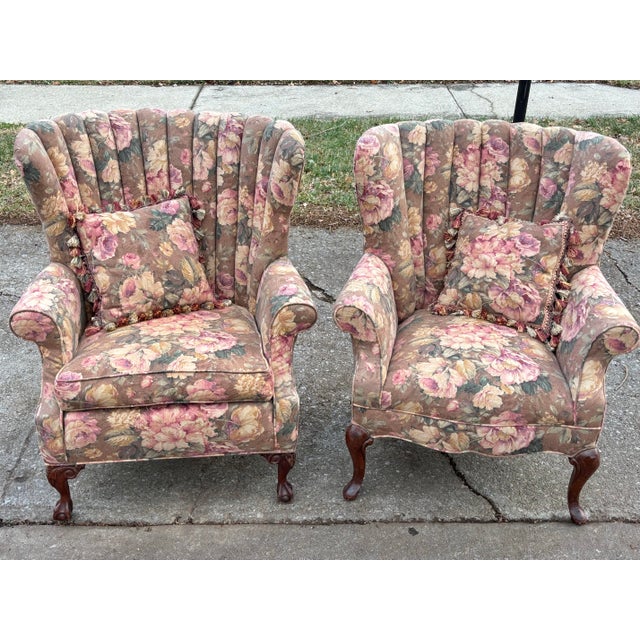 Mid 20th Century French Style Channel Back Upholstered Wing Chairs - A Pair For Sale - Image 12 of 12