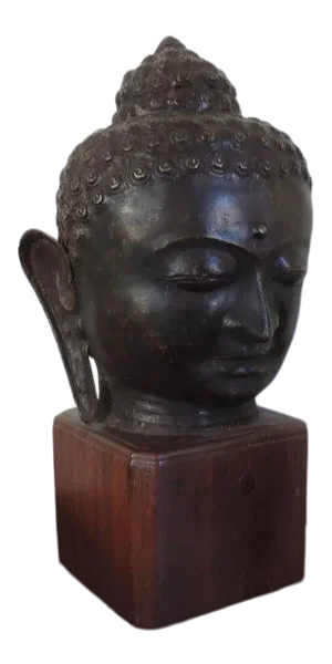 Large 19th Century Bronze Buddha Head Mounted on Mahogany Pedestal